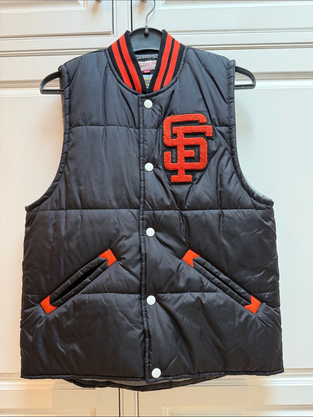 Mitchell & Ness Black Puffer Vest with Orange SF Patch